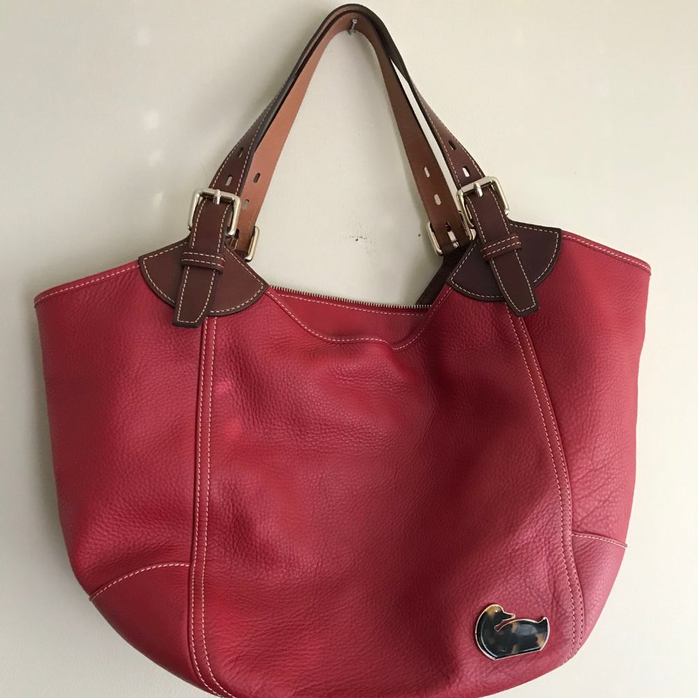 Red Leather Tote Bag with Brown Trim - Women's Handbag
